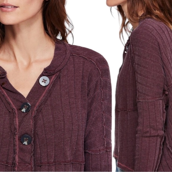 Free People Bohemian Grunge Ribbed Henley Boxy Top Raw Hem Plum Wine Size XS - Picture 4 of 17